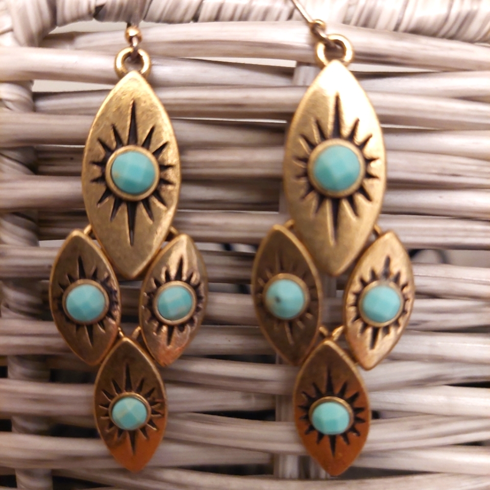 Gold tone w turquoise earrings 2" drop